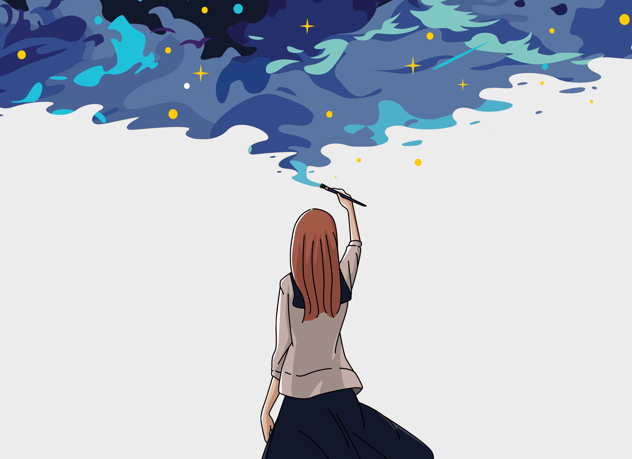 Illustration of a woman painting a starry sky, representing the creative psychotherapy process at the Billinudgel clinic in Byron Shire.